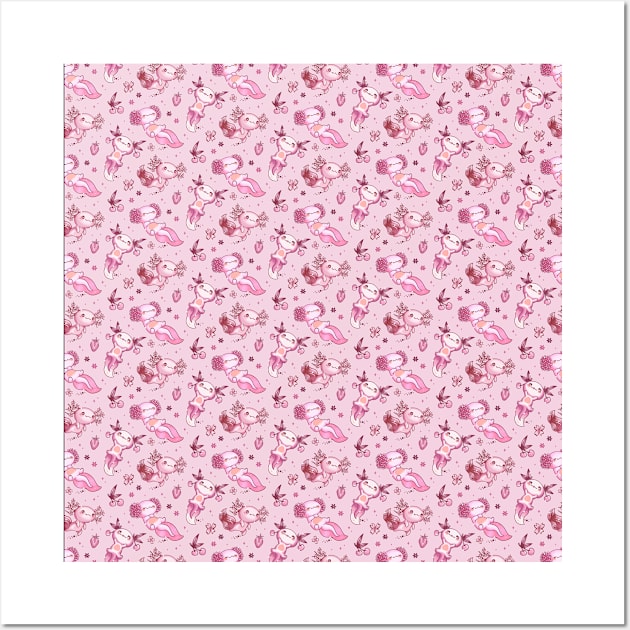 Cute Pink Axolotl Pattern Kawaii Animal Girls Wall Art by qwertydesigns